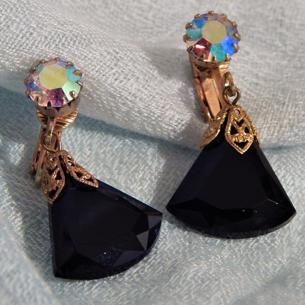 50's Faceted French Jet Dangle Earrings on 14K-Gold-Filled Set w Aurora Borealis